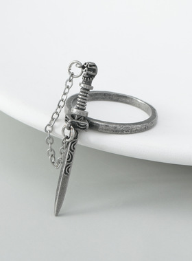 哥特暗黑十字剑戒指女 欧美ins风创意个性链条流苏骷髅剑戒指