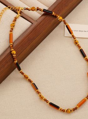 复古虎眼石串珠项链美拉德设计两