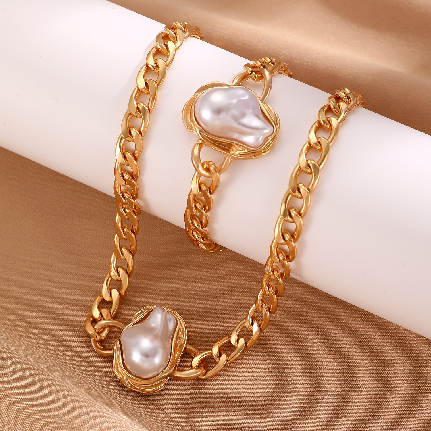 欧美跨境巴洛克异形珍珠手链项链套装首饰女时尚古巴链颈链戒指 - 图1