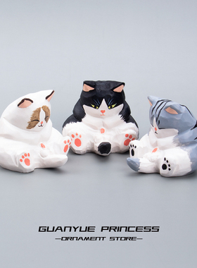 手工木雕小猫摆件可爱盯裆猫实木办公桌面车载送男女生日创意礼物