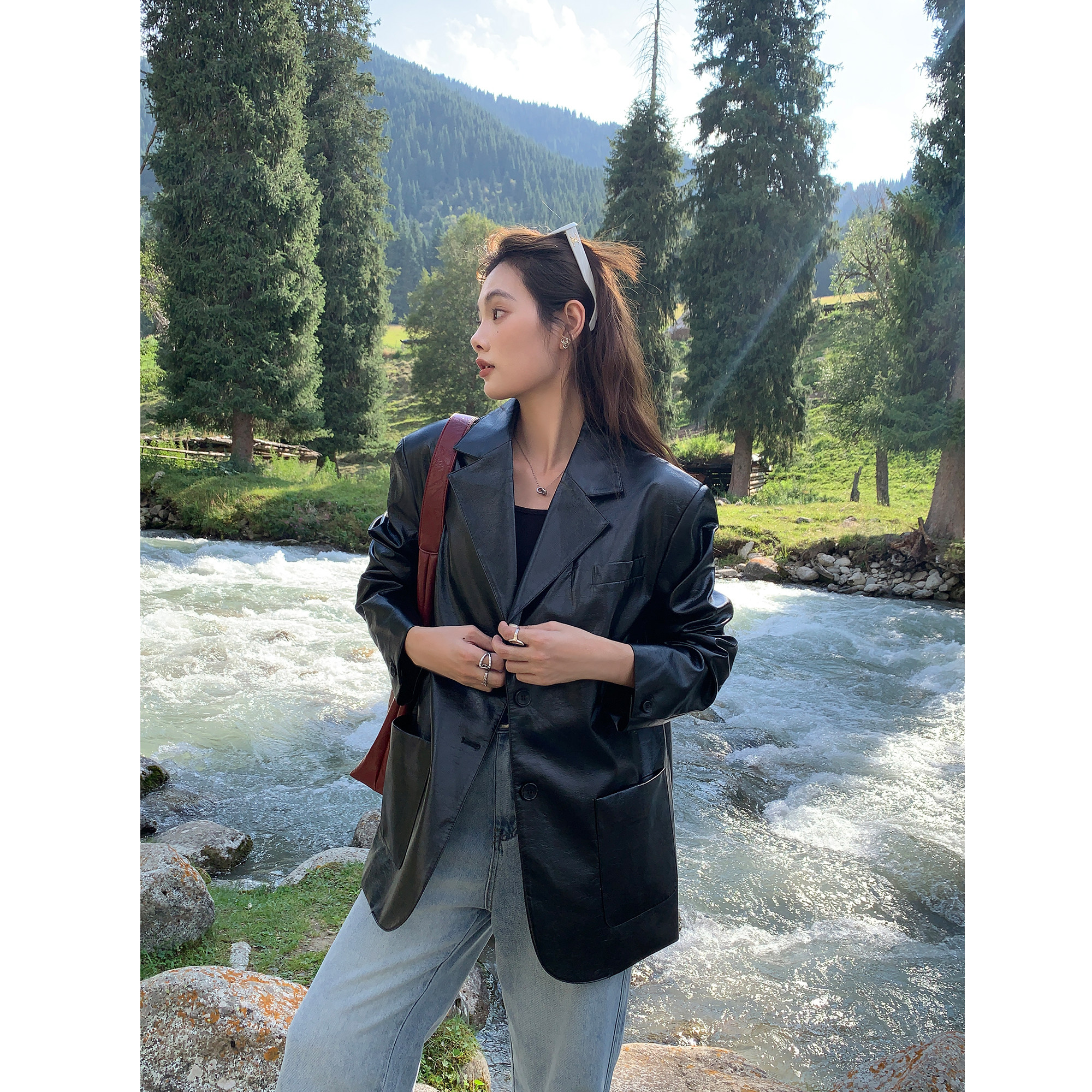 辰米范 秋季亮皮黑色pu皮衣西装外套女高级感宽松oversize大衣,淘宝优惠券,粉丝福利购,淘宝优惠卷