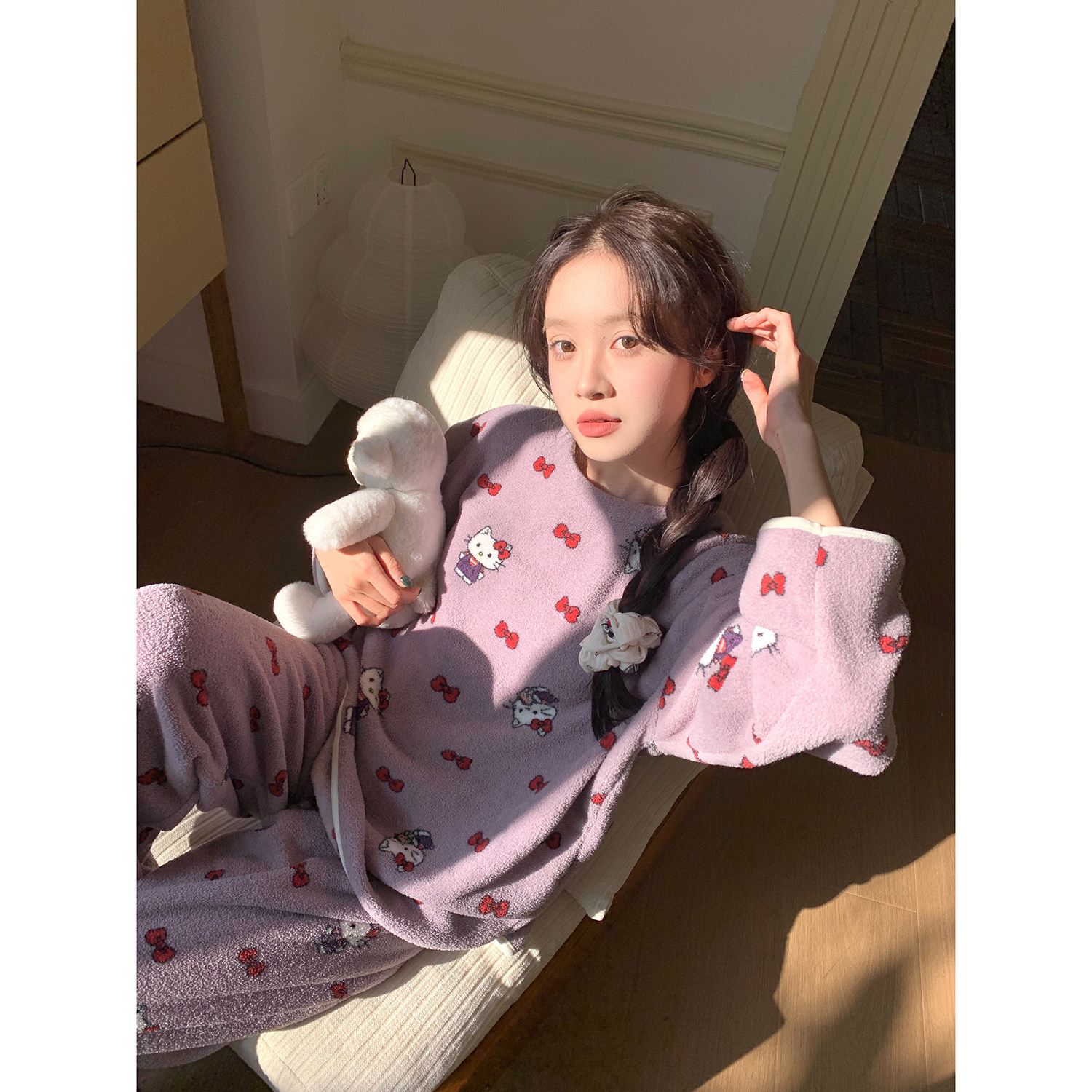 馨帮帮撞色蝴蝶结卡通猫睡衣女冬季新款毛绒绒亲肤保暖家居服套装,淘宝优惠券,粉丝福利购,淘宝优惠卷