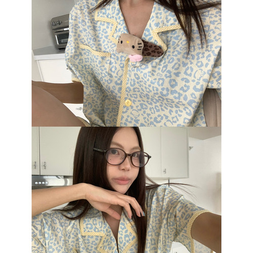 馨帮帮Homedress 甜美风豹纹短袖睡衣女款夏季翻领开衫家居服套装 - 图2