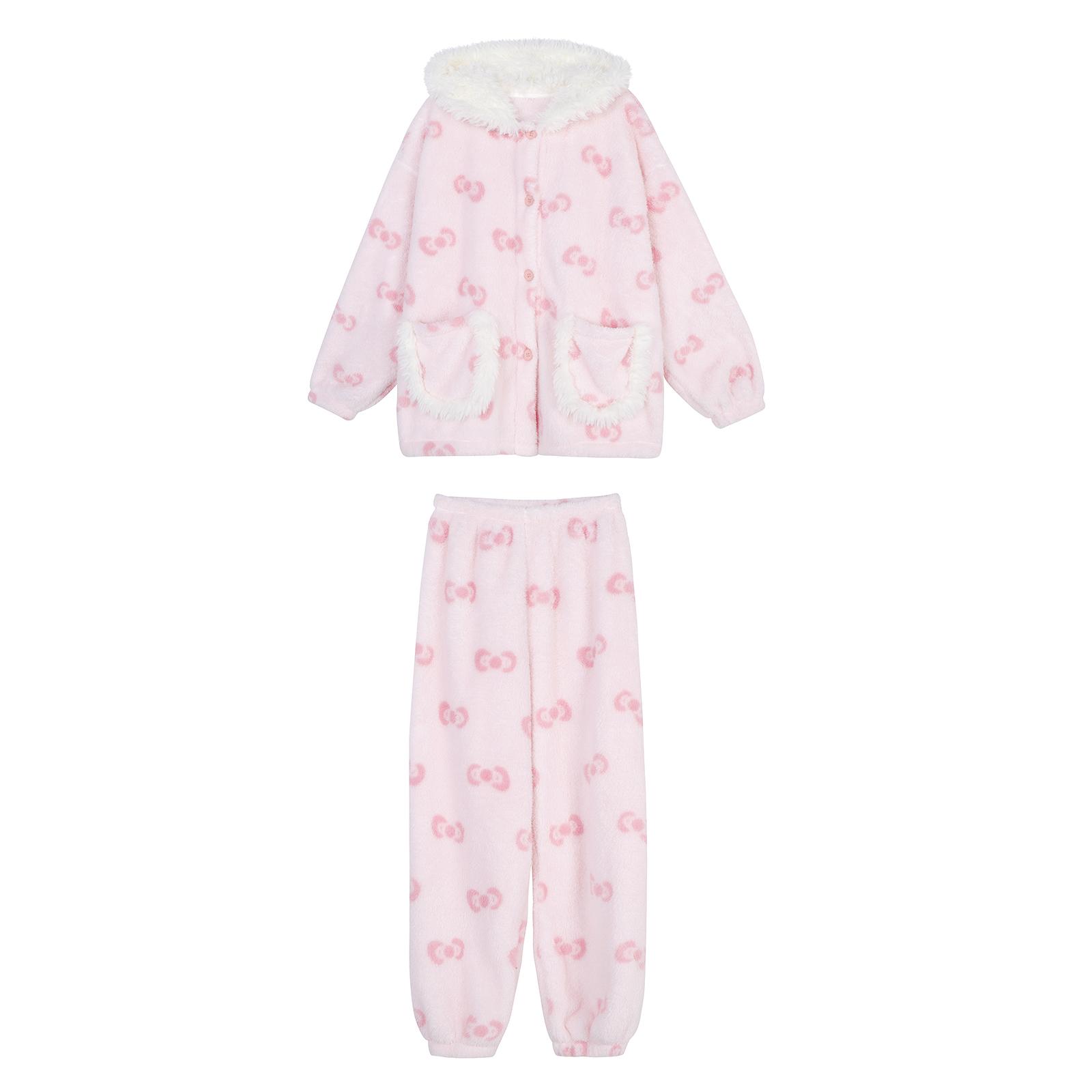 馨帮帮甜美可爱毛边连帽睡衣女冬季加厚珊瑚绒亲肤保暖家居服套装 - 图3