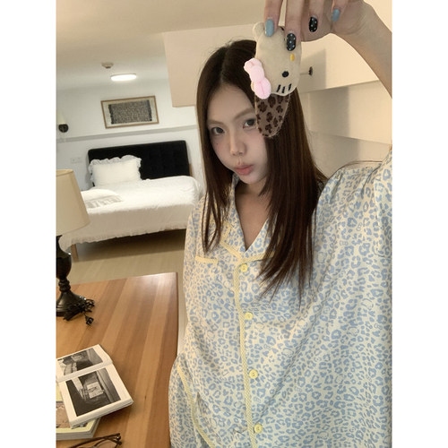 馨帮帮Homedress 甜美风豹纹短袖睡衣女款夏季翻领开衫家居服套装 - 图1