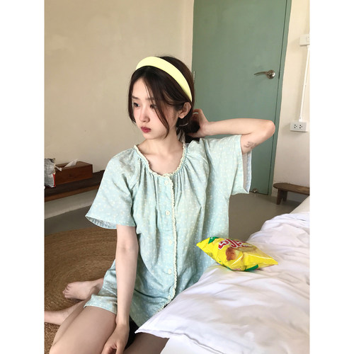 馨帮帮Homedress 甜美蕾丝边小碎花睡衣女夏季圆领开衫家居服套装 - 图2