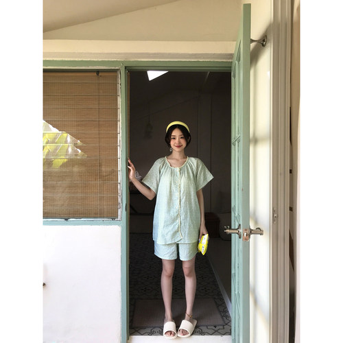 馨帮帮Homedress 甜美蕾丝边小碎花睡衣女夏季圆领开衫家居服套装 - 图3