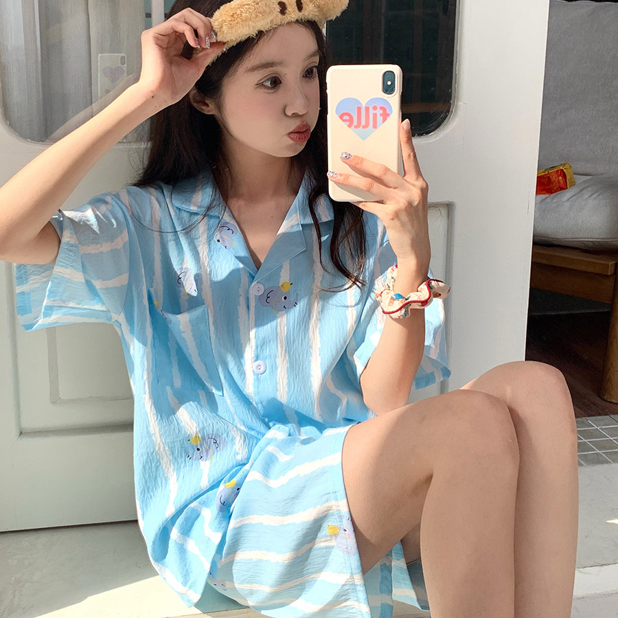 馨帮帮Homedress 2025夏季撞色条纹卡通睡衣女舒适亲肤学生家居服,淘宝优惠券,粉丝福利购,淘宝优惠卷