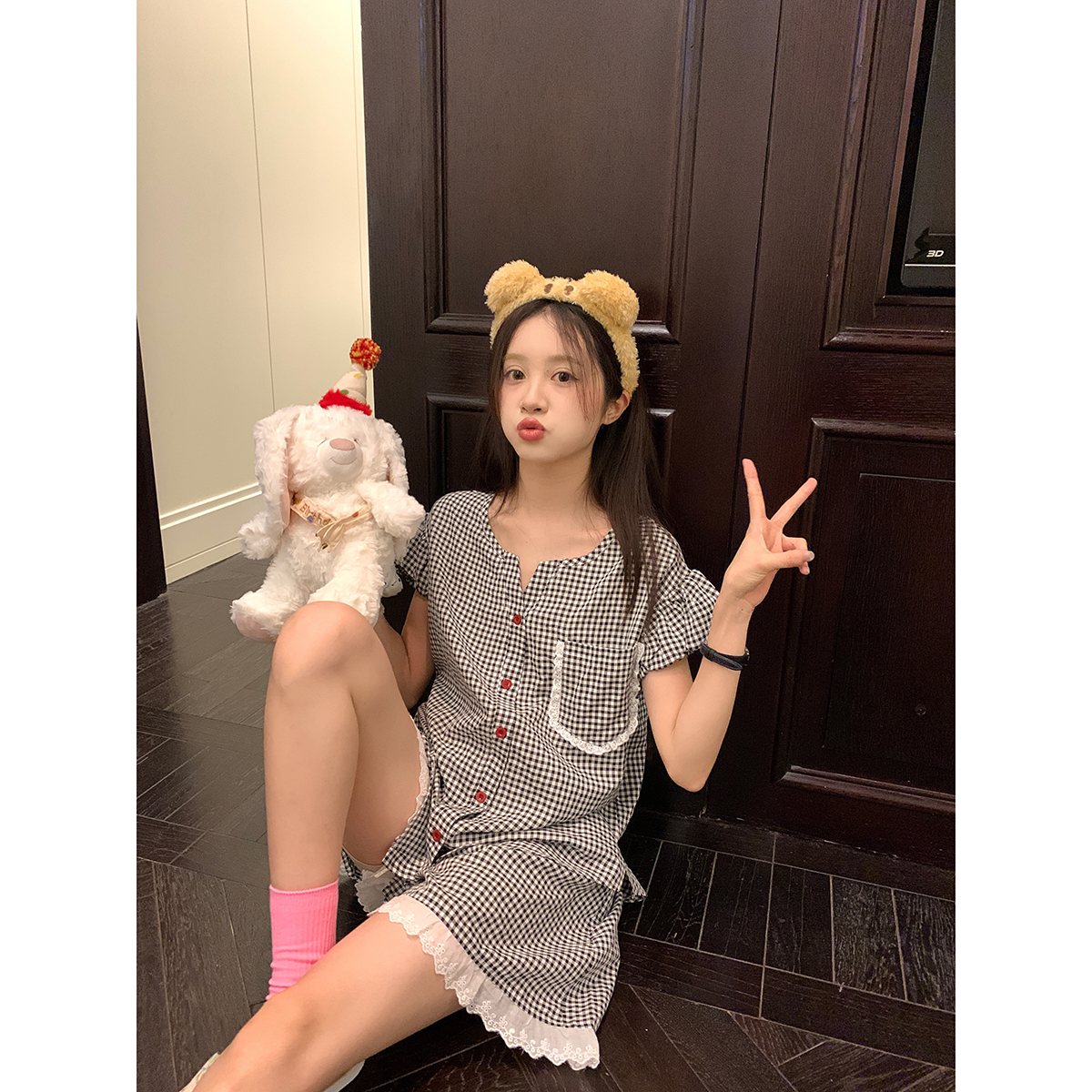 馨帮帮Homedress 夏季新款格子花边睡衣女休闲舒适外穿家居服套装 - 图0