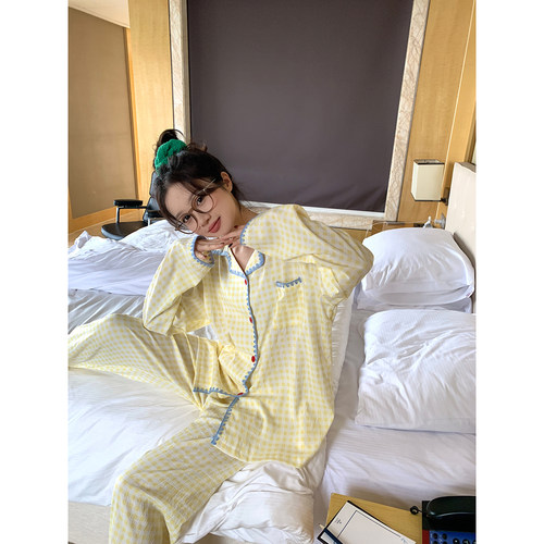 馨帮帮Homedress 撞色边格子睡衣女秋季舒适宽松可外穿家居服套装 - 图1