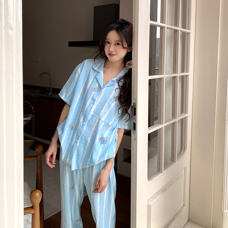 馨帮帮Homedress 2025夏季撞色条纹卡通睡衣女舒适亲肤学生家居服,淘宝优惠券,粉丝福利购,淘宝优惠卷