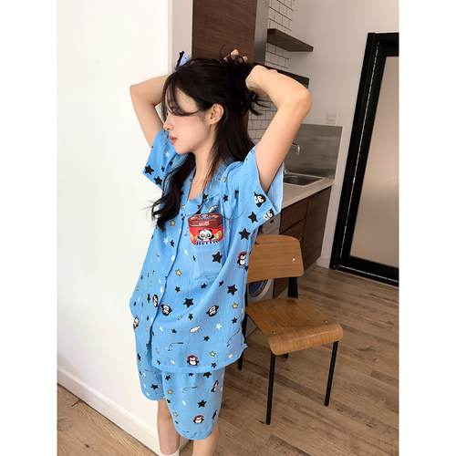 馨帮帮Homedress 卡通星星短袖睡衣女夏舒适休闲可外穿家居服套装 - 图1