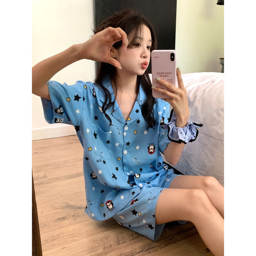 馨帮帮Homedress 卡通星星短袖睡衣女夏舒适休闲可外穿家居服套装 - 图0
