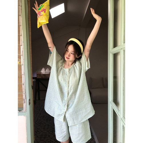 馨帮帮Homedress 甜美蕾丝边小碎花睡衣女夏季圆领开衫家居服套装 - 图1