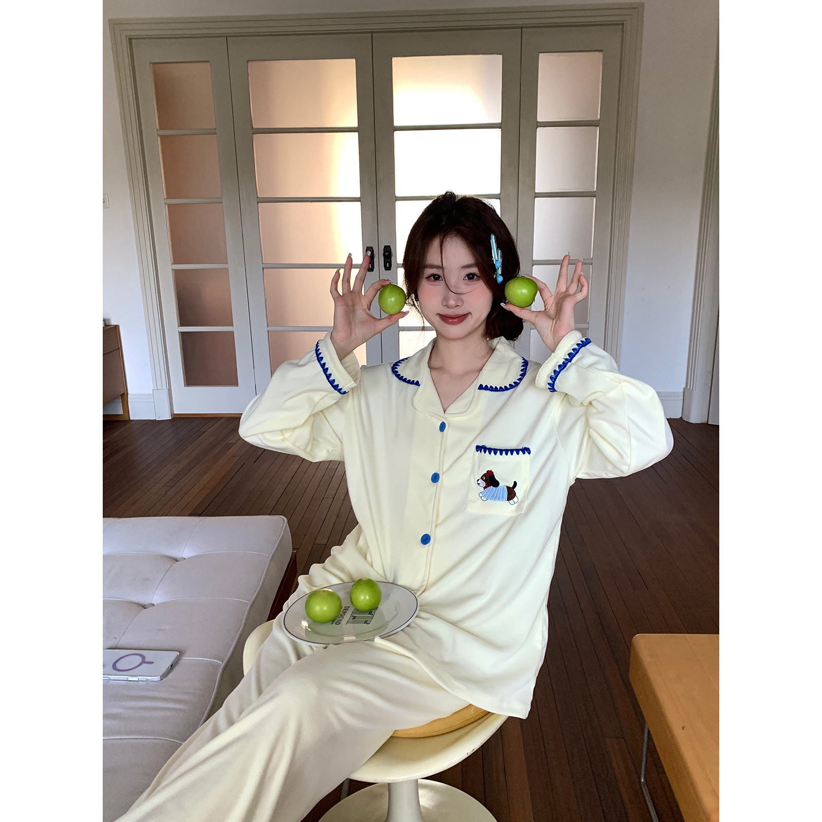 馨帮帮Homedress 可爱卡通小狗磨毛睡衣女春季撞色翻领家居服套装,淘宝优惠券,粉丝福利购,淘宝优惠卷