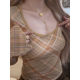 Hot Girl Contrast Color Plaid U Neck ເສື້ອຍືດແຂນຍາວສໍາລັບແມ່ຍິງ