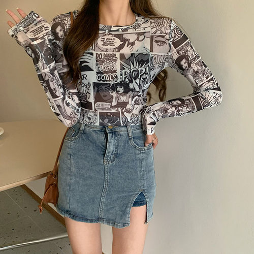 卡通印花T恤女2021夏季新款韩版修身百搭ins潮洋气打底衫长袖上衣 - 图2