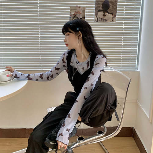 2022夏新款蝴蝶长袖网纱打底背心两件套女女团风上衣套装 - 图2