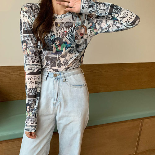 卡通印花T恤女2021夏季新款韩版修身百搭ins潮洋气打底衫长袖上衣 - 图0