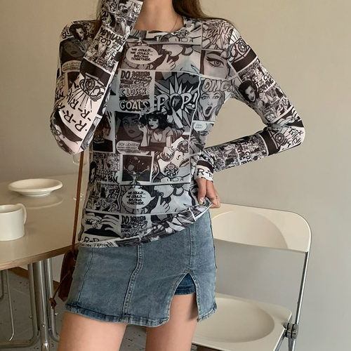 卡通印花T恤女2021夏季新款韩版修身百搭ins潮洋气打底衫长袖上衣 - 图3