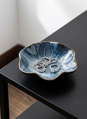 高级感陶瓷花朵蓝渐变收纳盘摆件