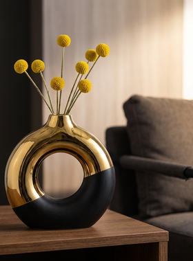 现代简约金色黑色陶瓷圆环花瓶