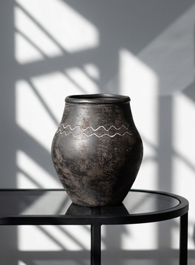 简约陶瓷花瓶黑波浪纹客厅摆件