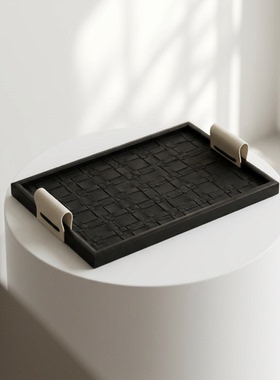 高端手工皮革编织托盘装饰摆件