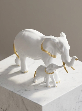 白色大象母子金边客厅玄关摆件