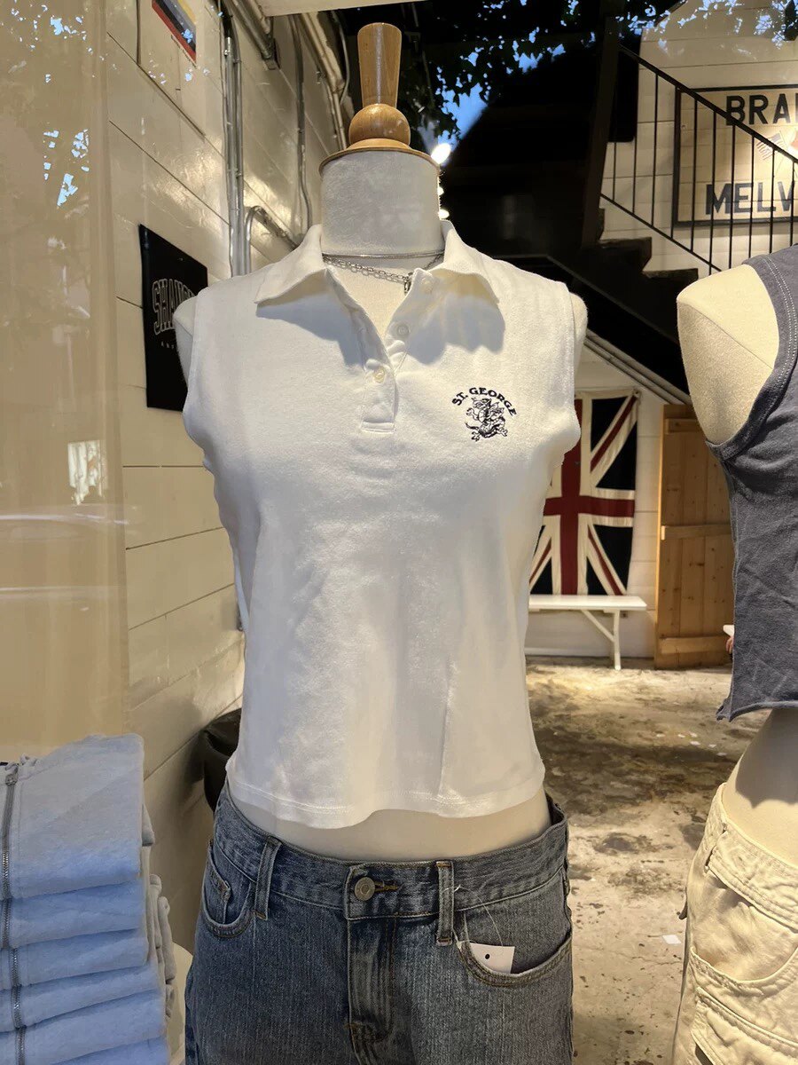 Brandy Girl美式复古ST.George龙图案刺绣无袖T恤bm背心polo领女