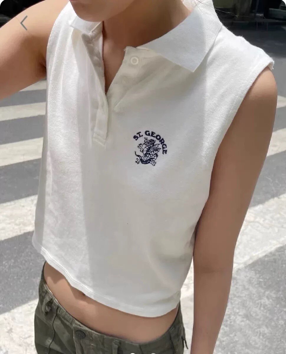 Brandy Girl美式复古ST.George龙图案刺绣无袖T恤bm背心polo领女