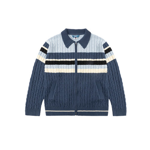 Unvesno (UN)麻花毛线条纹双头拉链开衫重磅保暖厚毛衣针织衫外套 - 图3