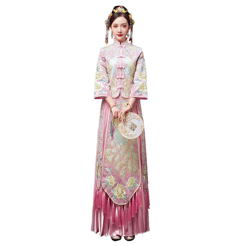 粉色秀禾服新娘2019新款夏季敬酒服 金奢帝国旗袍