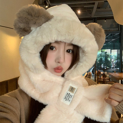 虞书欣骑车保暖护耳帽子围巾一体两件套冬季加厚雷锋帽女秋冬围脖 - 图2