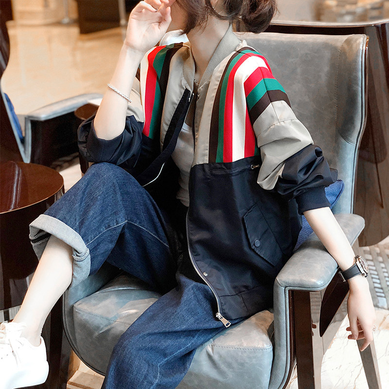 撞色条纹休闲小个子薄款拼接短外套 崇妍短外套