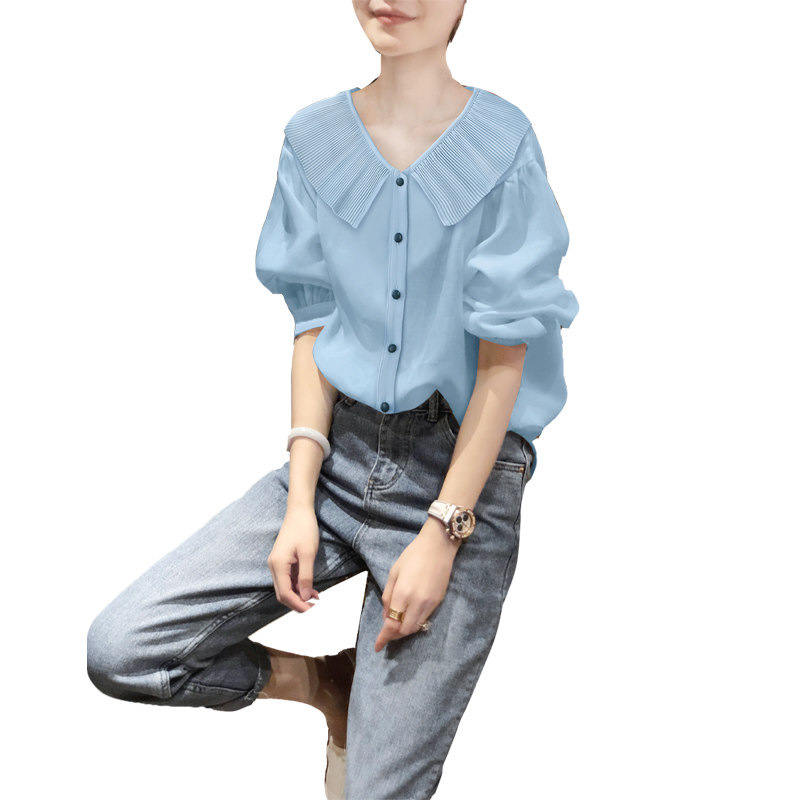 蓝色雪纺设计感小众减龄娃娃领衬衫 崇妍衬衫