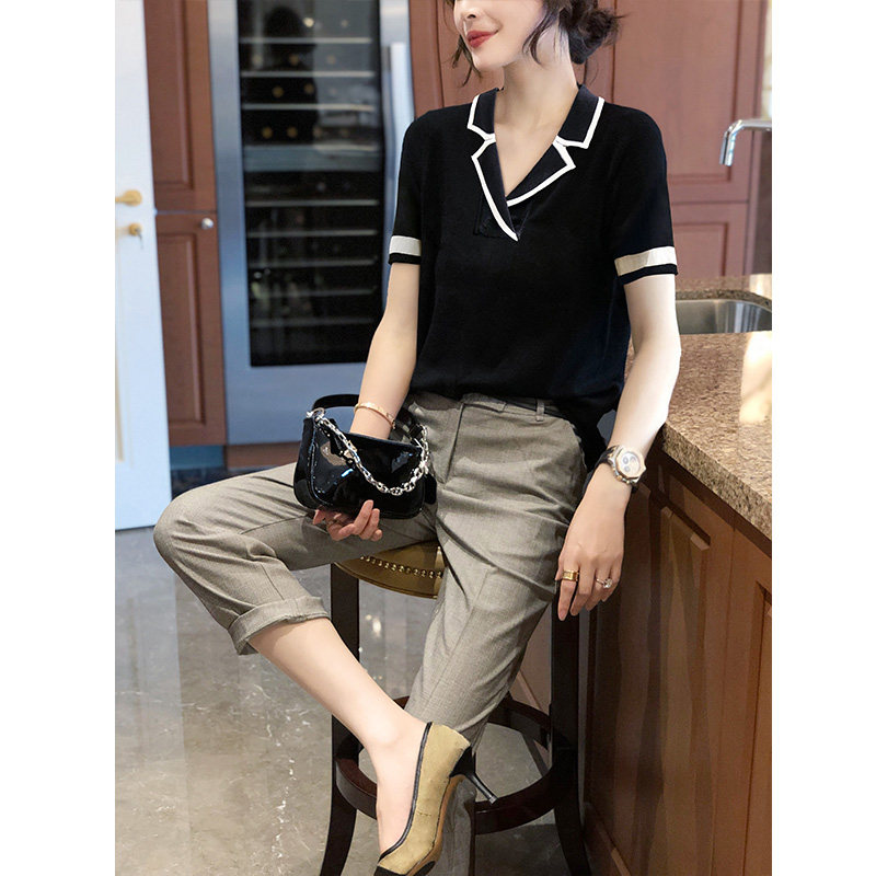v领黑色短袖小个子宽松显瘦衬衫 崇妍衬衫