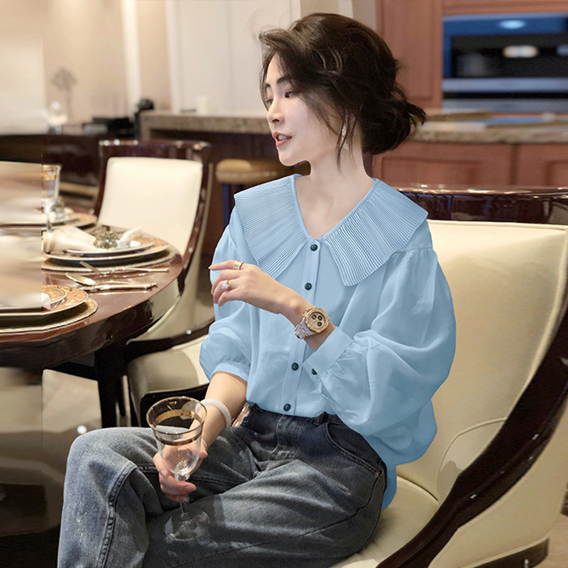 蓝色雪纺设计感小众减龄娃娃领衬衫 崇妍衬衫