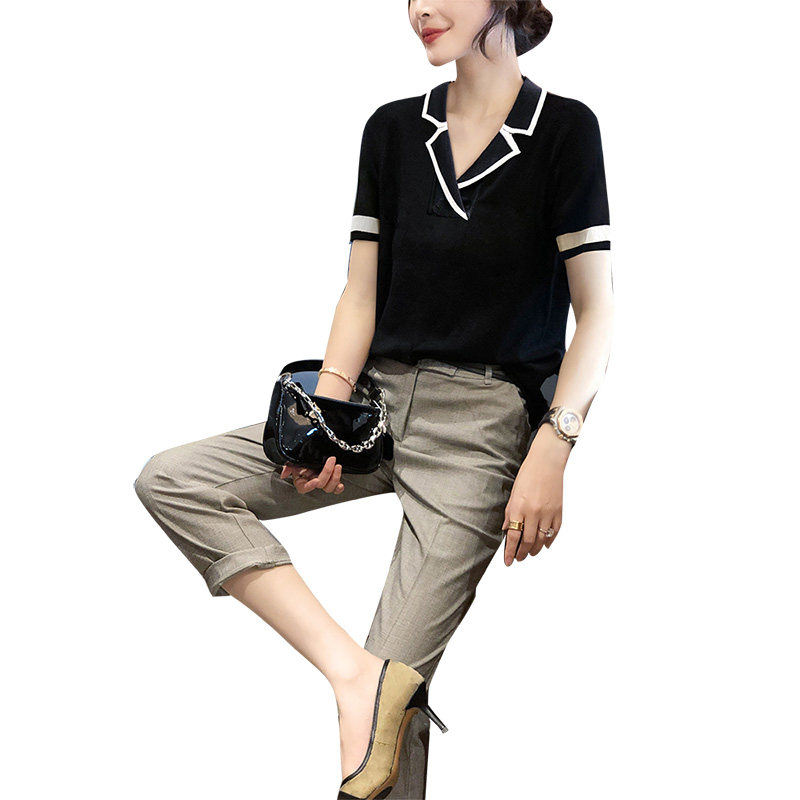 v领黑色短袖小个子宽松显瘦衬衫 崇妍衬衫