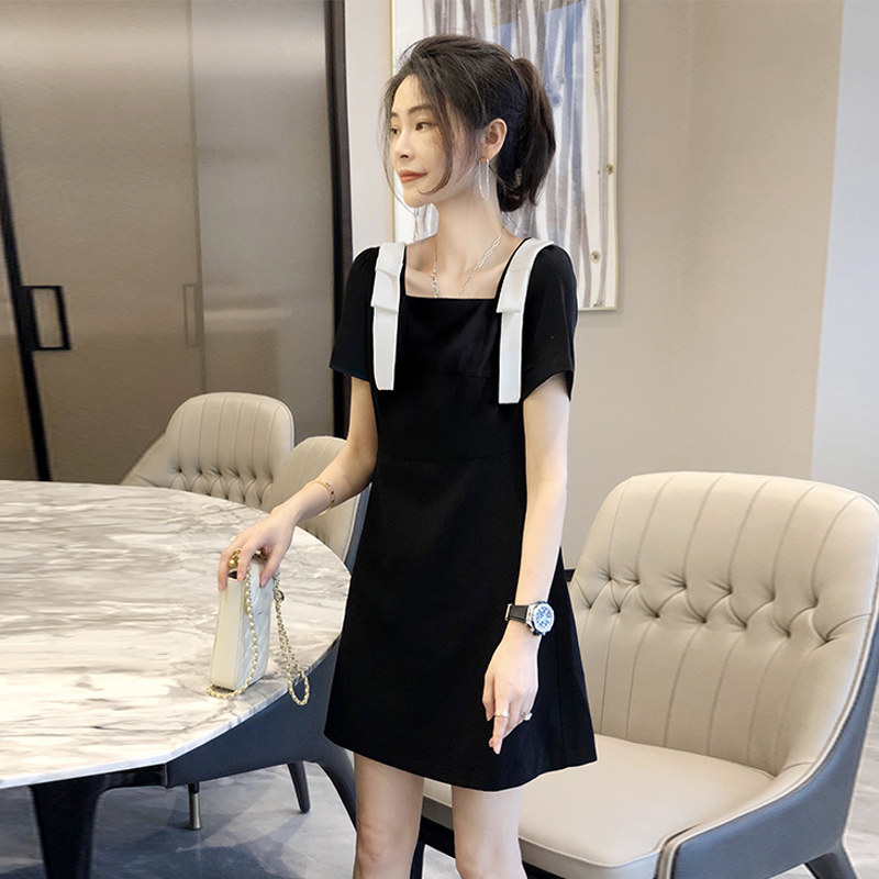 法式黑色方领连衣裙气质雪纺裙子 崇妍连衣裙