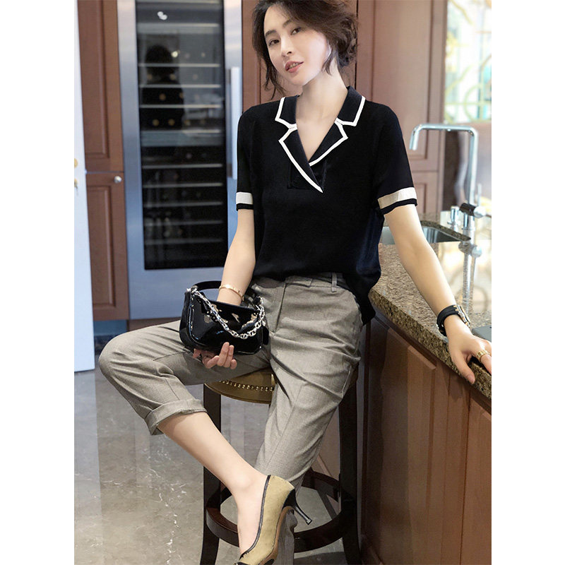 v领黑色短袖小个子宽松显瘦衬衫 崇妍衬衫