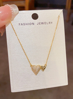 日韩精致时尚金属满钻双爱心吊坠项链个性轻奢百搭高级感超闪颈链