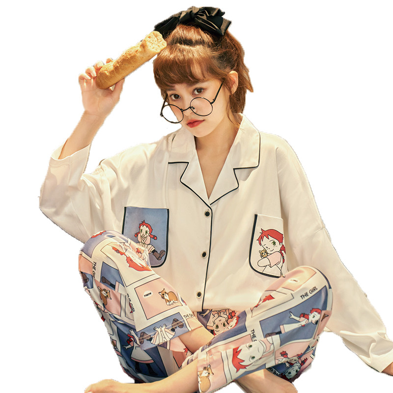 南极人冰丝长袖春秋款韩版宽松睡衣 南极人匹搏睡衣/家居服套装