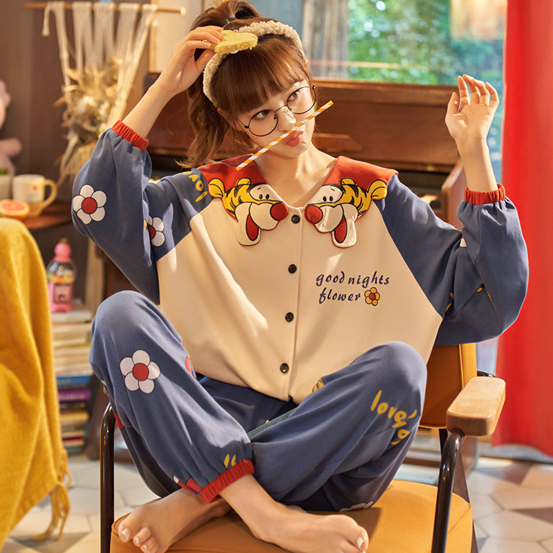 南极人春秋长袖全棉可爱宽松睡衣 南极人匹搏睡衣/家居服套装