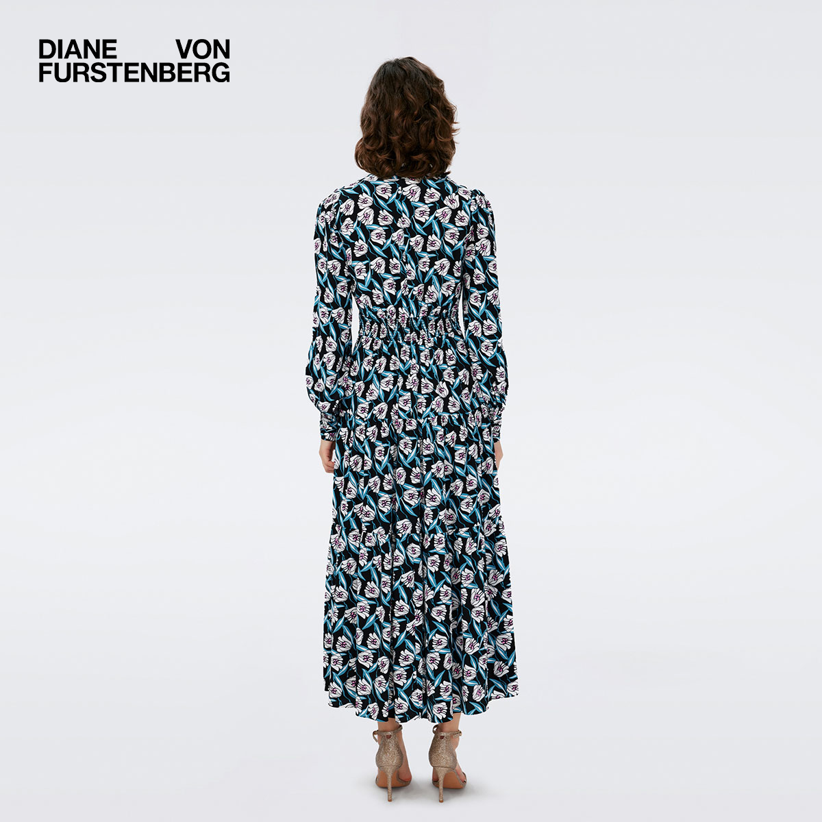 [玫瑰相似款]DVF长袖蓝白印花收腰长裙连衣裙DL4R021 - 图1