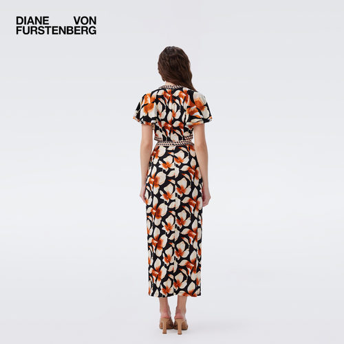 DVF2026春夏新款黑棕幻彩兰花摩登针织腰部挖剪修身连衣裙DS1U021 - 图1