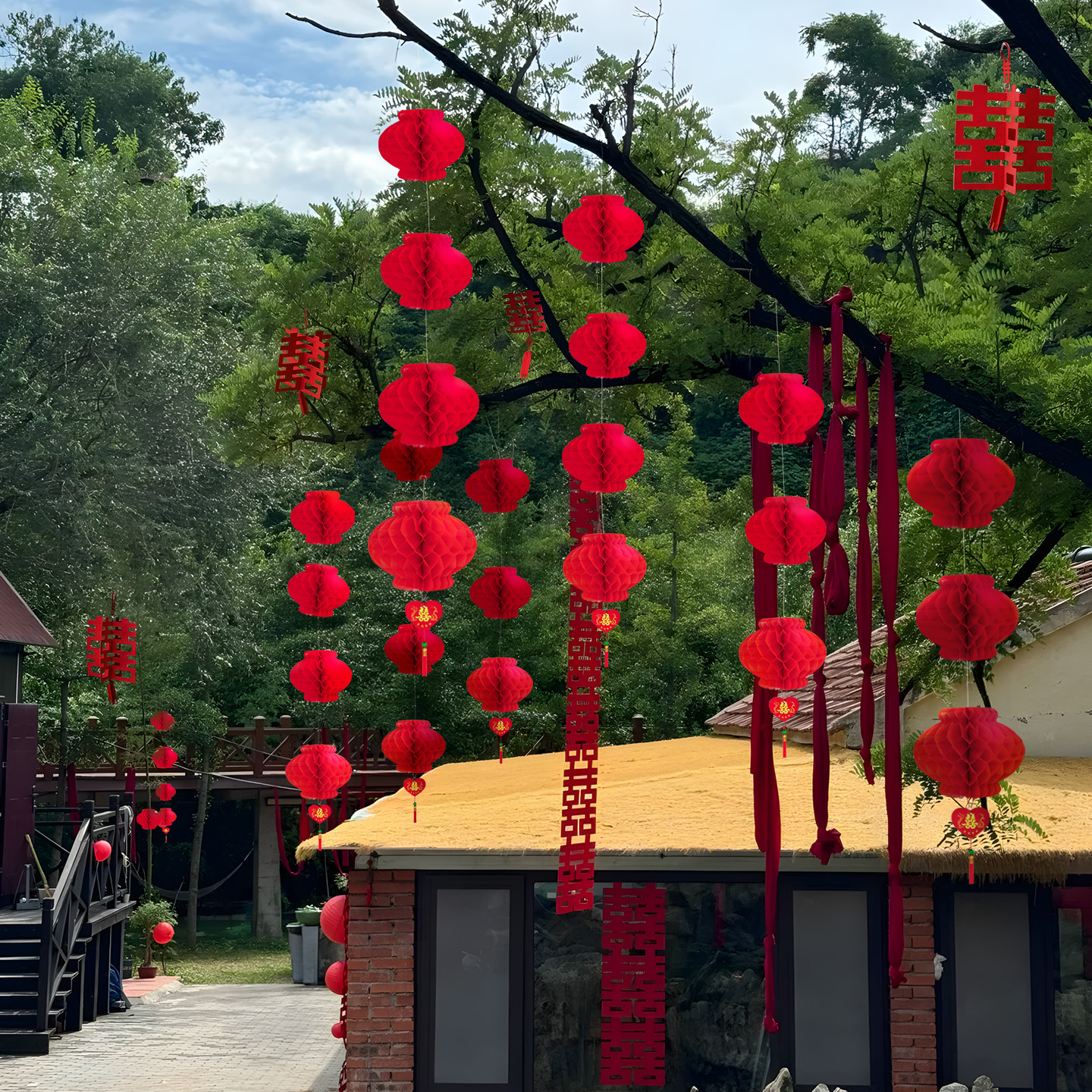 农村院子树上喜字灯笼挂饰结婚户外绿植布置装饰用品新房喜庆挂件,淘宝优惠券,粉丝福利购,淘宝优惠卷