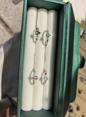 天然水滴沙弗莱托帕石粉碧玺薄荷绿碧玺四叶草皇冠简约925银戒指