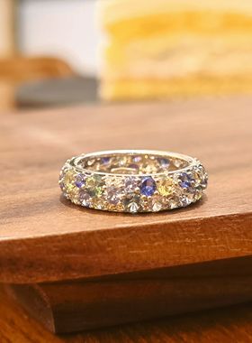 天然蓝宝石精切闪耀黄绿蓝蓝宝石繁星配色设计款18k金钻石戒指