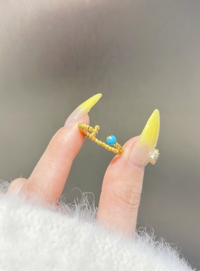 天然绿松石美人松串珠18k金蹦迪珠弹簧戒指高级简约大气百搭